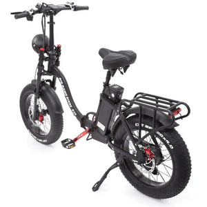 Rear angle view of the Big Game Bikes Impala Alpha Plus folding electric bike with rear rack, fat tyres, and red accents.