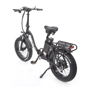 Angled rear view of the Big Game Bikes Impala electric folding bike with fat tyres and step-through frame.