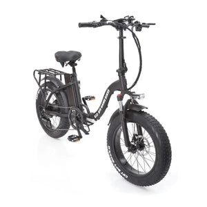 Angled front view of the Big Game Bikes Impala electric bike highlighting the step-through design and rugged tyres.