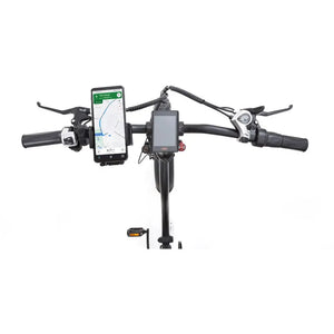 Top view of the Big Game Bikes Impala Folding Fat Tyre Electric Bike's handlebars with digital display and mounted smartphone for navigation.