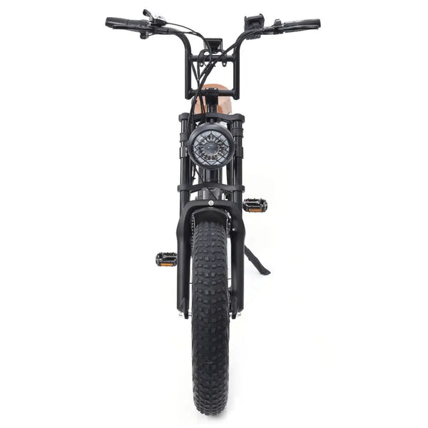 Frontal view of the Big Game Bikes Warthog showing its LED headlight and rugged front tyre.