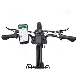 Top view of the Warthog electric bike handlebar with smartphone mounted for GPS navigation