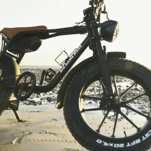 Close-up side view of the Big Game Bikes Warthog electric bike, showcasing its thick fat tyres and headlight in natural light.