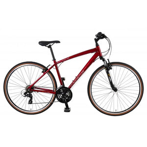 Side view of the Claud Butler Explorer 2.0 hybrid bike in a striking red finish with suspension forks.