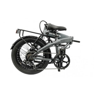 Dawes Arc electric folding bike in grey, partially folded for compact storage and easy transport.