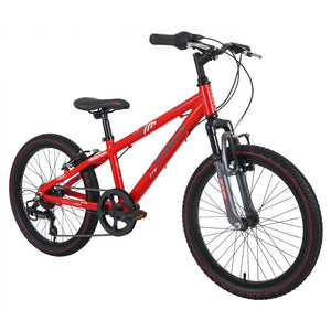 Front angle view of the Dawes Bullet HT 20-inch mountain bike with a zoom suspension fork.