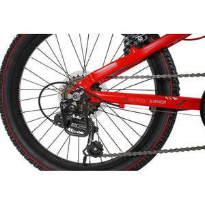 Close-up of the rear wheel, cassette, and Shimano derailleur on the red Dawes Bullet HT bike.