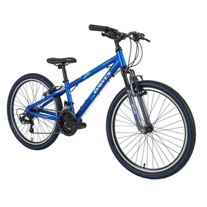 Front angle view of the blue Dawes Bullet HT 24-inch mountain bike with a zoom suspension fork.