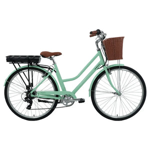 Side view of the Dawes Elegance Low Step Electric Hybrid Bike featuring a mint green frame, brown saddle, rear battery rack, and front wicker basket.