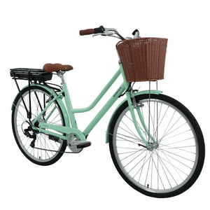 Side view of the Dawes Elegance Low Step Electric Hybrid Bike showing the step-through frame, front basket, and rear-mounted battery.
