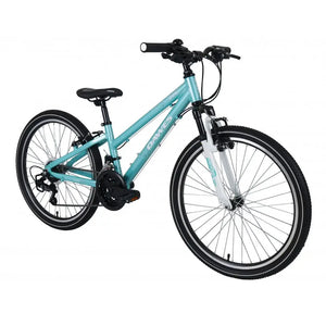 Angled side view of the turquoise Dawes Paris HT 24-inch kids' mountain bike.