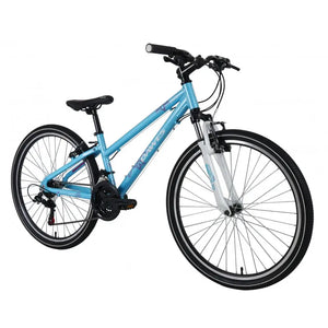 Angled side view of the blue Dawes Paris HT 26-inch kids' mountain bike.