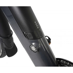 Integrated battery pack with lock and charge port on the Dawes Scenic Crossbar Electric Hybrid Bike 250W in black.