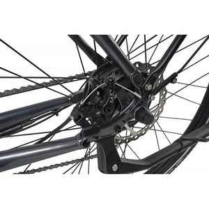 Close-up view of the rear disc brake system on the Dawes Scenic Crossbar Electric Hybrid Bike 250W in black.