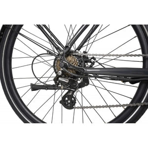Rear wheel and gear cassette with Shimano Altus derailleur on the Dawes Scenic Crossbar Electric Hybrid Bike 250W in black.
