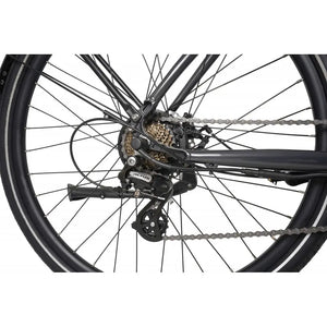Rear disc brake system of Dawes Scenic Low Step electric hybrid bike in grey for reliable stopping power.