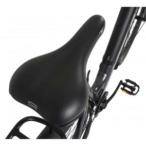 Comfortable saddle of Dawes Scenic Low Step electric hybrid bike in grey, providing an upright riding position.