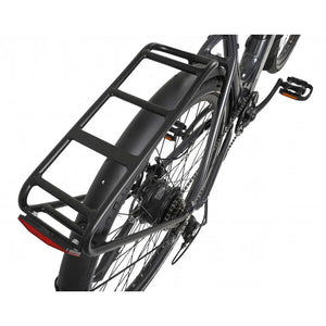 Rear cargo rack of Dawes Scenic Low Step electric hybrid bike in grey, designed for carrying panniers or bags.