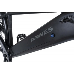 Downtube view of the Dawes Spire 1.0 Crossbar electric hybrid bike in black, highlighting the integrated battery compartment with DAWES branding.