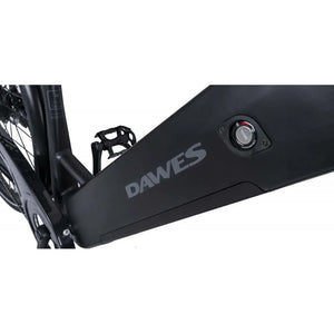 Close-up of the Dawes Spire 1.0 Low Step electric bike’s integrated battery compartment with visible locking mechanism and DAWES branding.