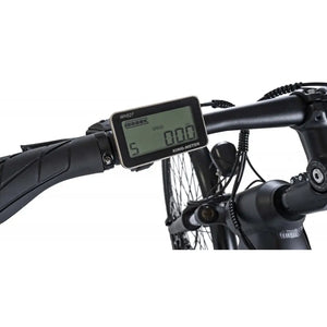 Digital LCD display on the Dawes Spire 1.0 Low Step electric bike showing speed, battery level, and pedal assist settings.