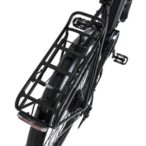 Rear cargo rack of the Dawes Spire 1.0 Low Step electric hybrid bike with integrated rear light and fender.