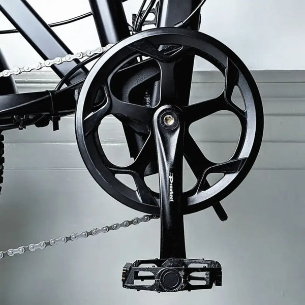 Detailed shot of the black alloy crankset and chain on the EMovement Panther V4.2.