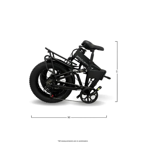 The EMovement Panther V4.2 fat tire e-bike completely folded, showing its compact storage dimensions.