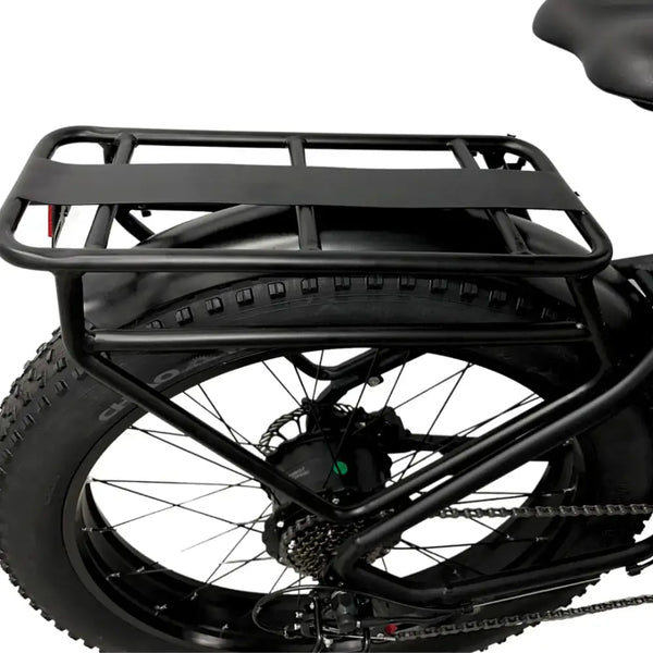 Close-up of the rear cargo rack, fat tyre, and hub motor on the EMovement Panther V4.2.