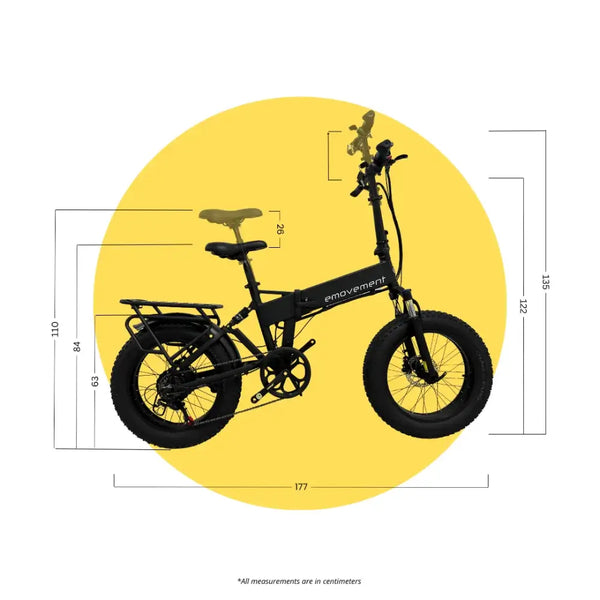 Diagram illustrating the full, unfolded dimensions (length and height) of the EMovement Panther V4.2 folding fat tire e-bike.