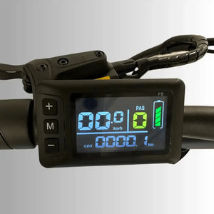 LCD display showing speed and battery on the E Movement Raven electric bike in black.