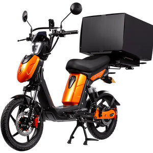 Eskuta SX-250 Series 4 cargo moped-style electric bike with 250W motor, orange finish, and large rear delivery box.