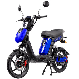 Side view of the Eskuta SX-250 Series 4 moped-style electric bike in blue, showing front disc brake and dual mirrors.