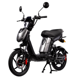 Side view of the Eskuta SX-250 Series 4 moped-style electric bike in grey, showing front disc brake and dual mirrors.