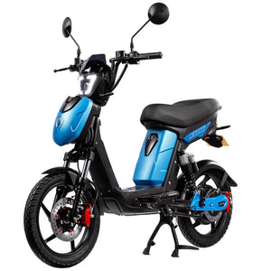 Side view of the Eskuta SX-250 Series 4 moped-style electric bike in matt blue, showing front disc brake and dual mirrors.