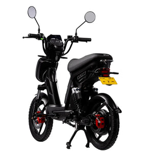 Rear view of the Eskuta SX-250 Series 4 moped-style electric bike in black, showing front disc brake and dual mirrors.