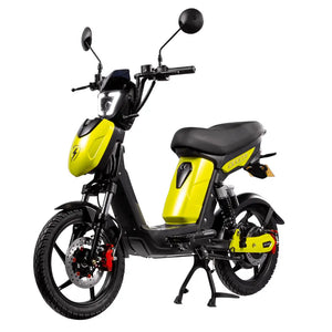 Side view of the Eskuta SX-250 Series 4 moped-style electric bike in yellow, showing front disc brake and dual mirrors.
