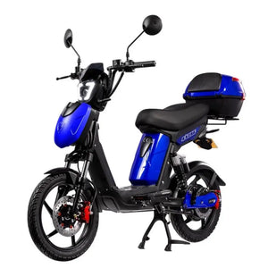 Eskuta SX-250 Voyager moped-style electric bike with 250W motor, sleek blue finish, and rear-mounted storage box for convenient cargo carrying.