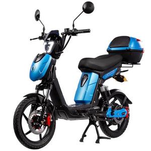 Eskuta SX-250 Voyager moped-style electric bike with 250W motor, sleek matt blue finish, and rear-mounted storage box for convenient cargo carrying.