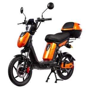 Eskuta SX-250 Voyager moped-style electric bike with 250W motor, sleek orange finish, and rear-mounted storage box for convenient cargo carrying.