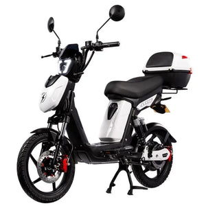 Eskuta SX-250 Voyager moped-style electric bike with 250W motor, sleek white finish, and rear-mounted storage box for convenient cargo carrying.