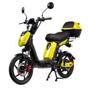 Eskuta SX-250 Voyager moped-style electric bike with 250W motor, sleek yellow finish, and rear-mounted storage box for convenient cargo carrying.