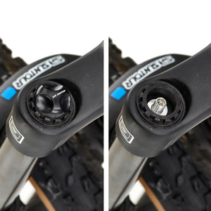 Top-down comparison view of the EZEGO Trail Destroyer II fork’s air valve caps, showing one closed and one with the valve exposed.