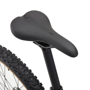 Close-up of the EZEGO Trail Destroyer II 2025 bike saddle with a sleek black design, shown mounted on the rear frame above the rear tyre.