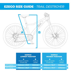 EZEGO Trail Destroyer size guide chart showing frame dimensions and saddle height ranges for 17” and 19” models, with measurements from pedal to saddle and floor to saddle.