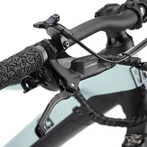 Close-up of the left brake lever and Shimano CUES shifter on the EZEGO Trail Destroyer II e-MTB, mounted on a textured black handlebar.