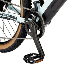 Detail of the right crank arm, pedal, and chainring of the EZEGO Trail Destroyer II 2025 electric mountain bike.