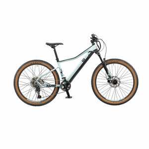 Side view of the EZEGO Trail Destroyer II 2025 electric mountain bike in blue featuring thick tyres, front suspension, and a sleek matte frame for off-road riding.