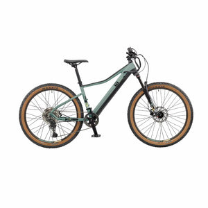 Side view of the EZEGO Trail Destroyer II 2025 electric mountain bike in green featuring thick tyres, front suspension, and a sleek matte frame for off-road riding.