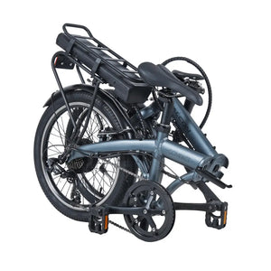 Falcon Compact Electric Folding Bike 250W folded for easy transport and storage, with battery mounted on the rear rack.